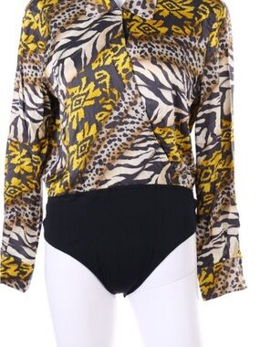ESCADA MARGARETHA LEY bodysuit long sleeve vintage silk animal print S brown